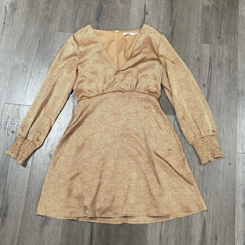 Mi Ami Gold Tan Dot Print Long Sleeve Mini Dress XS Lined V-Neck Long Sleeve